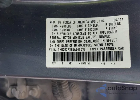 2014 Honda Accord Lx from USA, damaged, VIN 1HGCR2F39EA246032